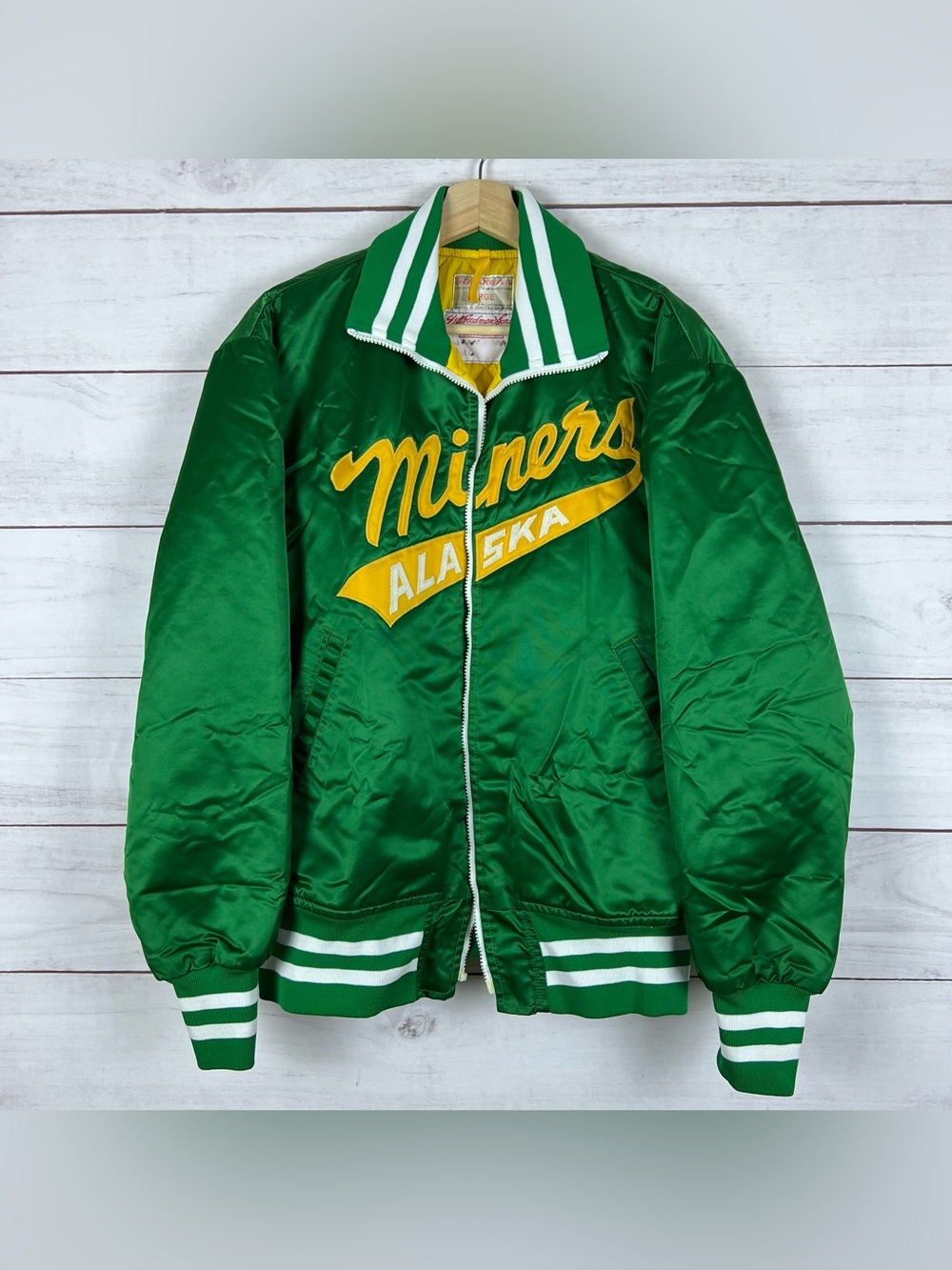 Vintage Alaska Miners Baseball Bomber Satin Varsity Jacket Mens Large Broken Zip